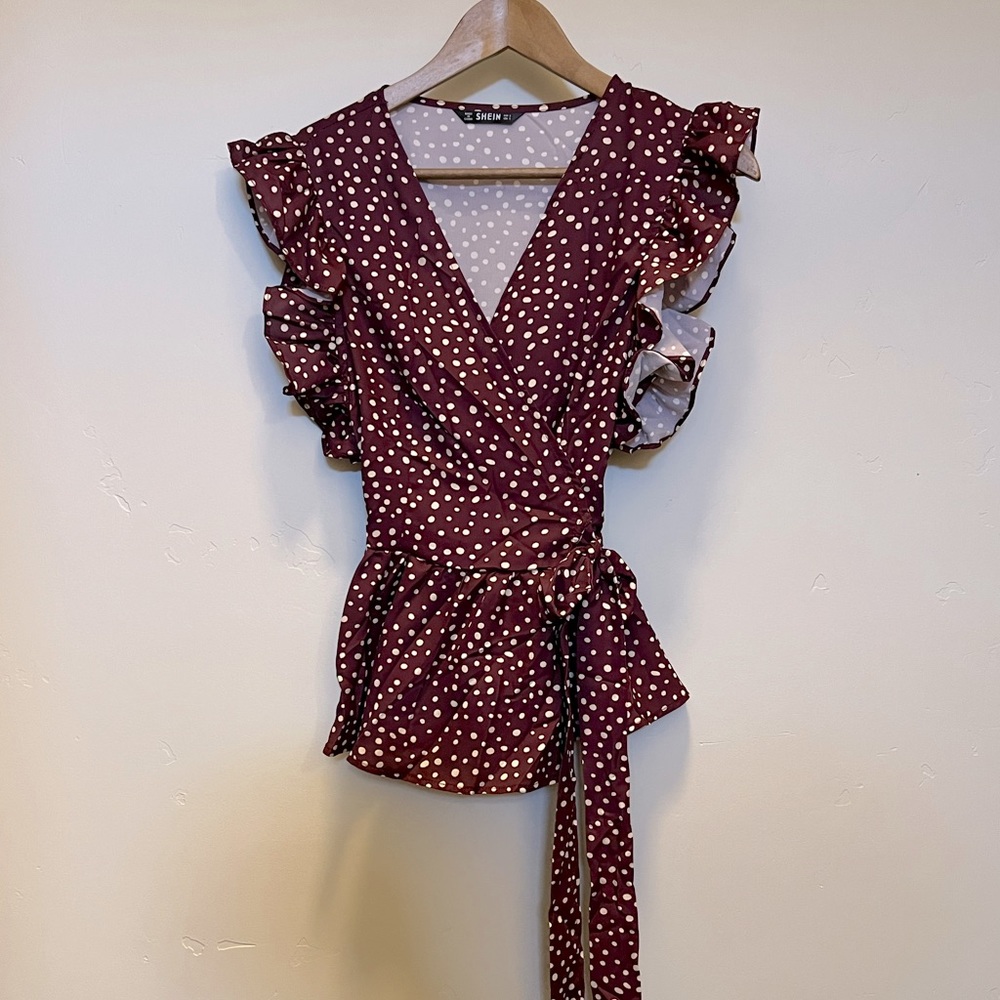 SHEIN Burgundy Polka Dot Wrap Tie Blouse